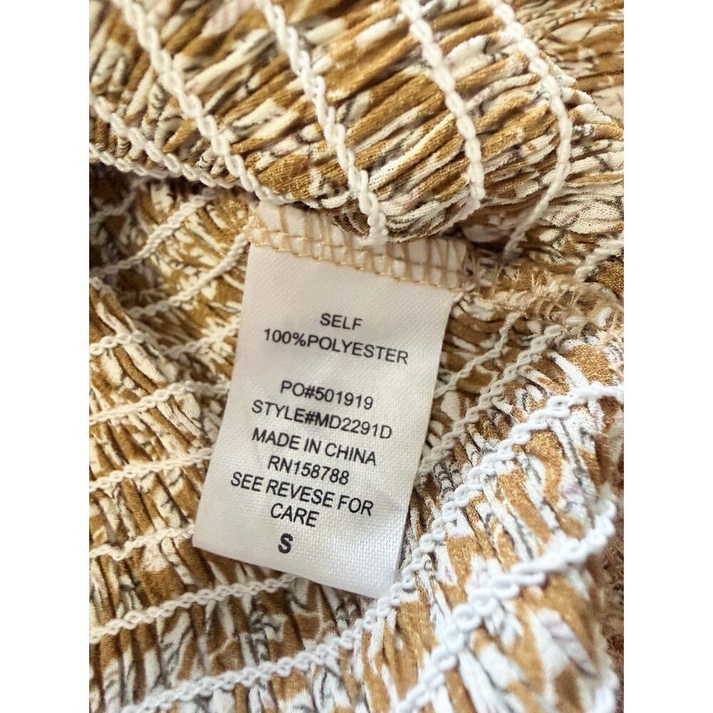 Mable Size Small Mustard Leaf Print Ruffle Tiered Smocked Fitted Midi Dress - Picture 12 of 16
